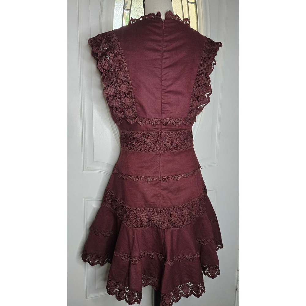 Burgundy Linen Blend Lace Mini Dress Size Small Romantic Boho Goth - Picture 3 of 8